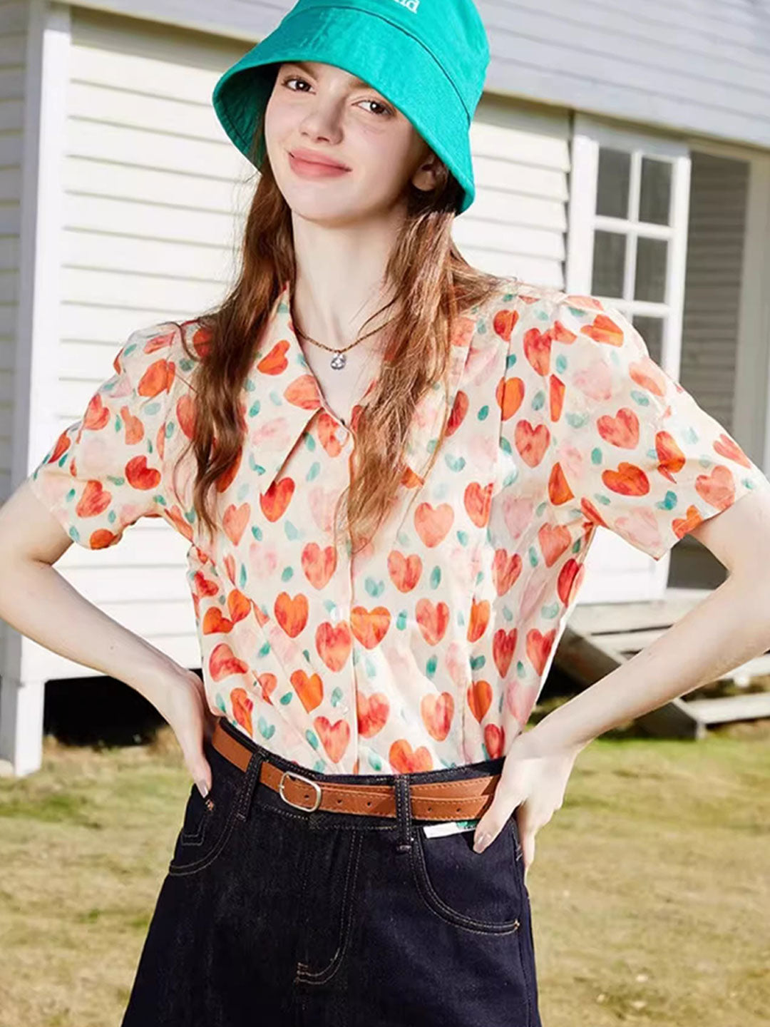 Camila Retro Polo Neck Puff Sleeve Floral Top