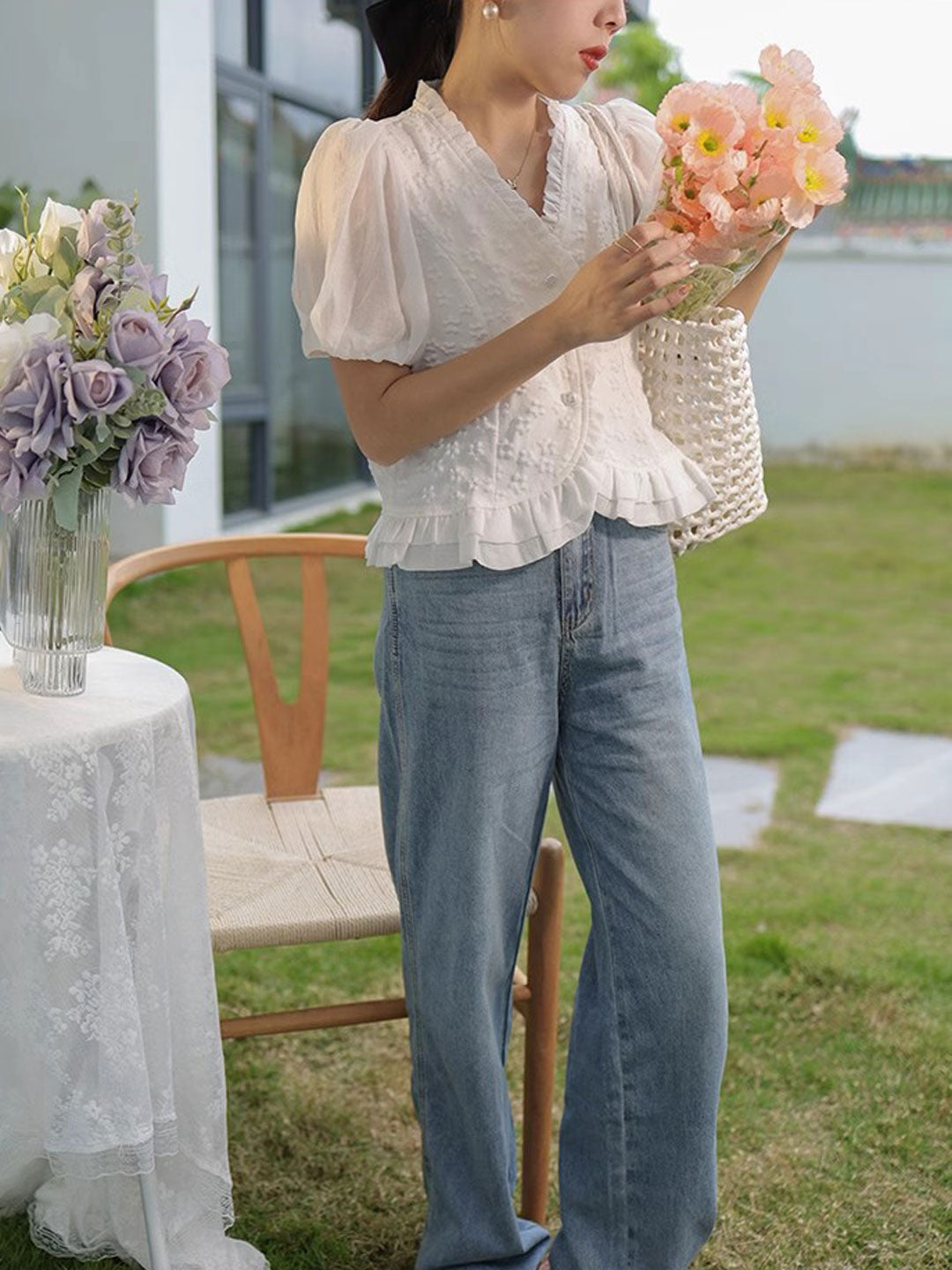 Emily Retro V-Neck Crocheted Chiffon Top