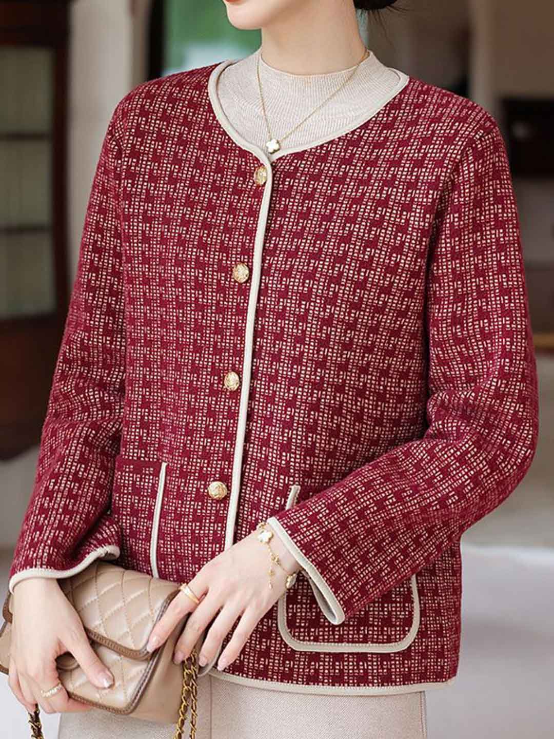Hannah Elegant Crew Neck Tweed Cardigan