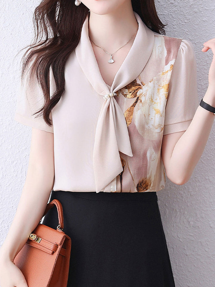 Sophia Daily Bow-Neck Printed Chiffon Top