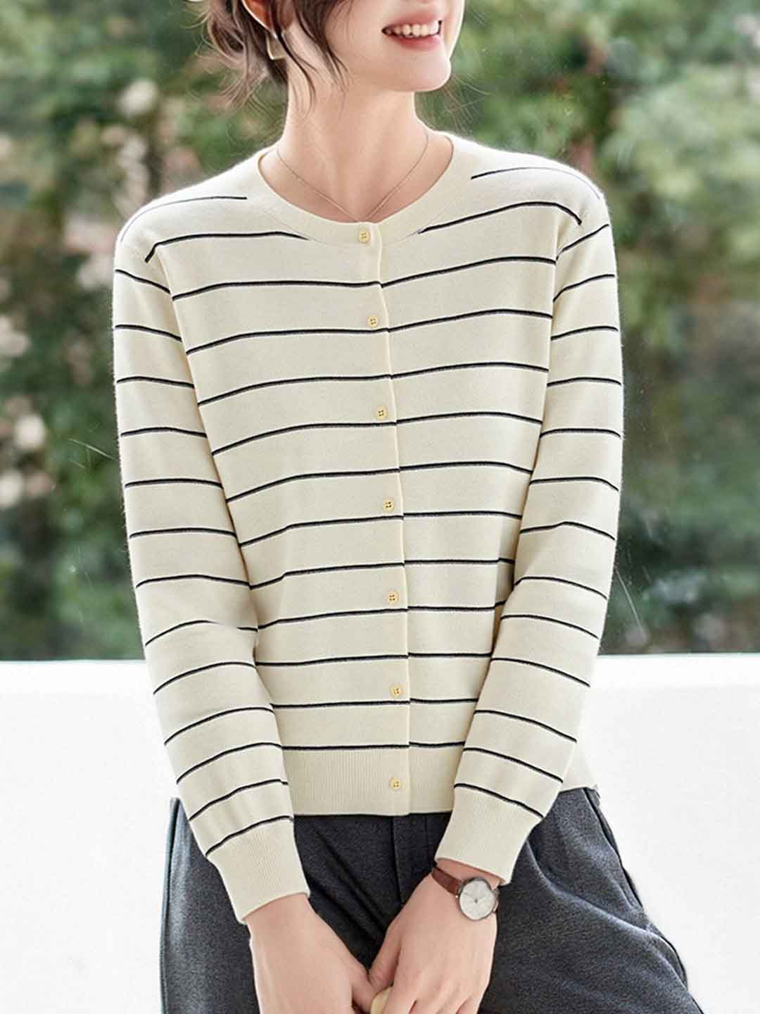 Abigail Classic Crew Neck Striped Knitted Cardigan