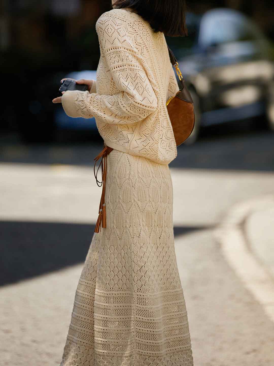 Ella Spring Hollowed Knitted Cardigan and Skirt Set