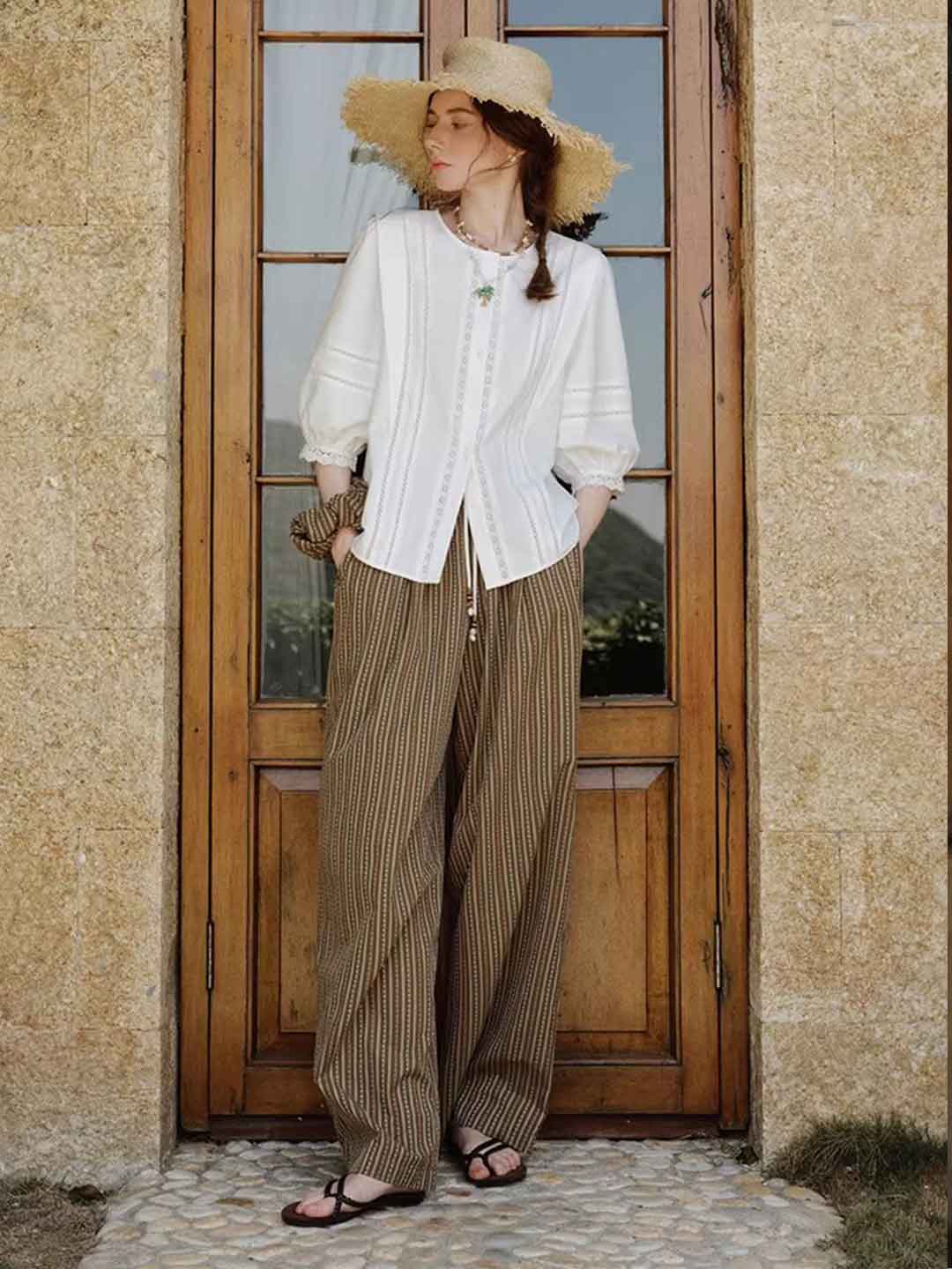 Riley Classic Crew Neck Lantern Sleeve Hollowed Lace Top