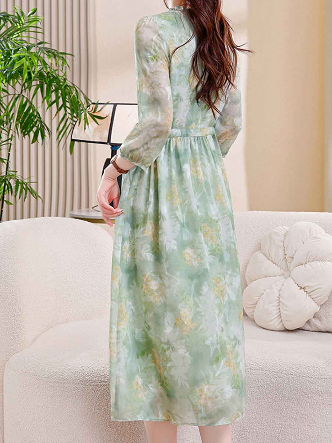 Natalie Vacation Auricular Collar Jacquard Drawstring Dress