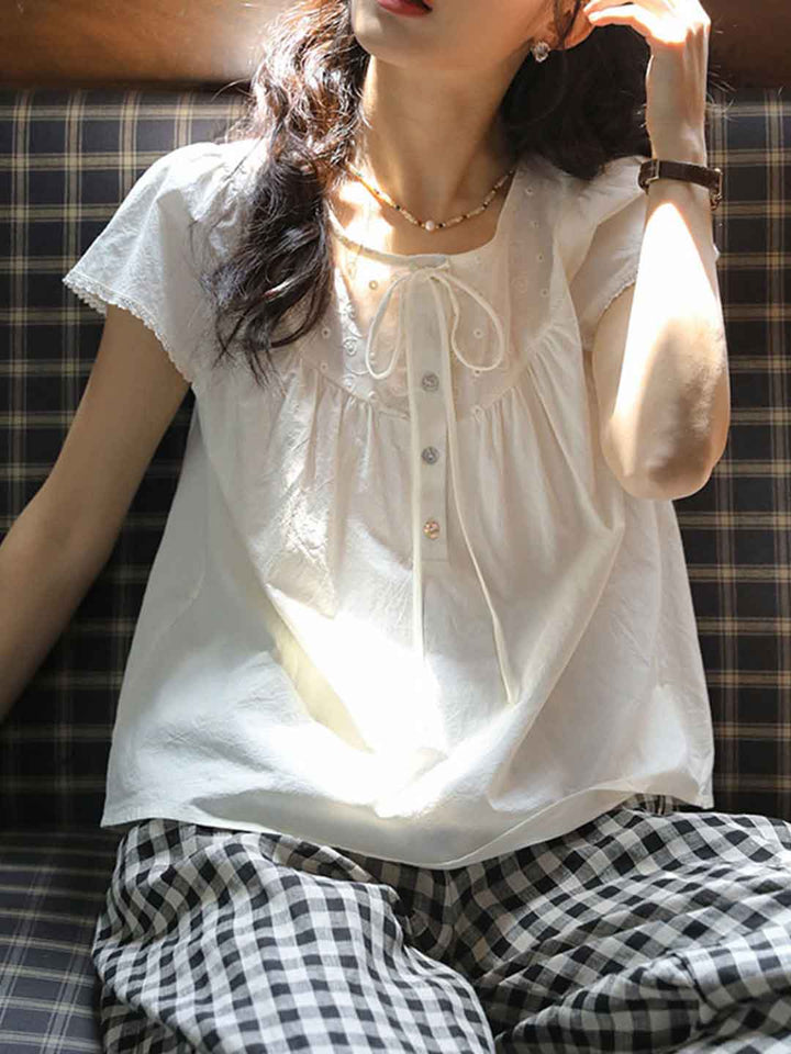 Rachel Retro Crew Neck Bow Tie Embroidered Shirt