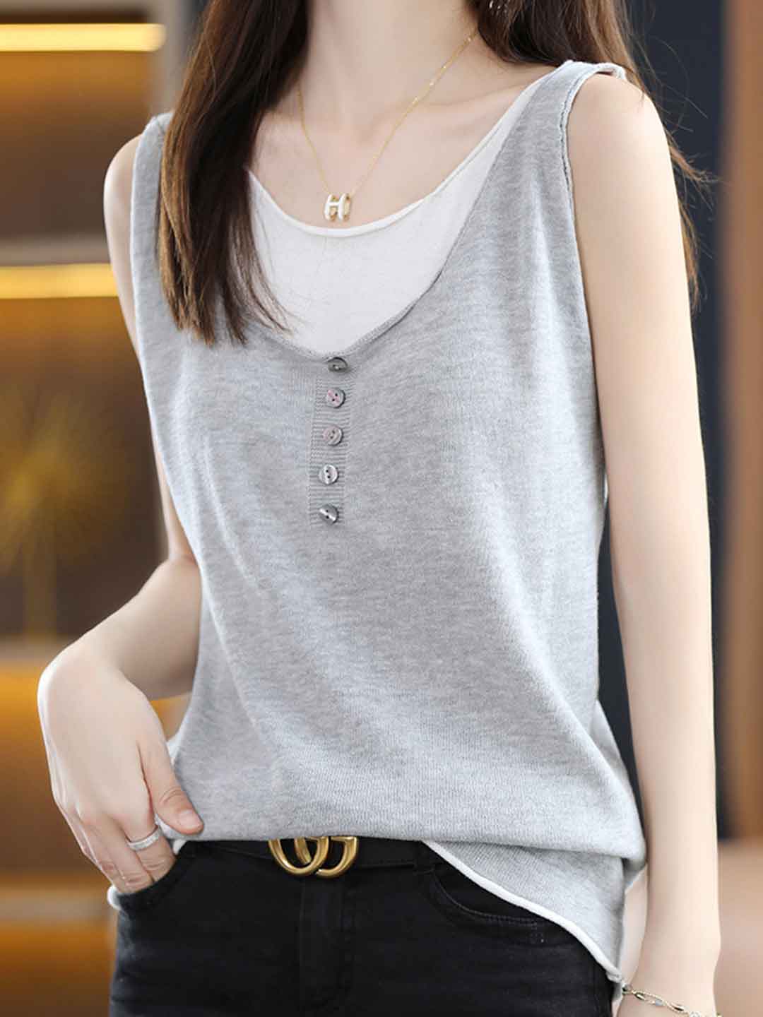 Kaylee Loose Knitted Mock Two-Piece Vest