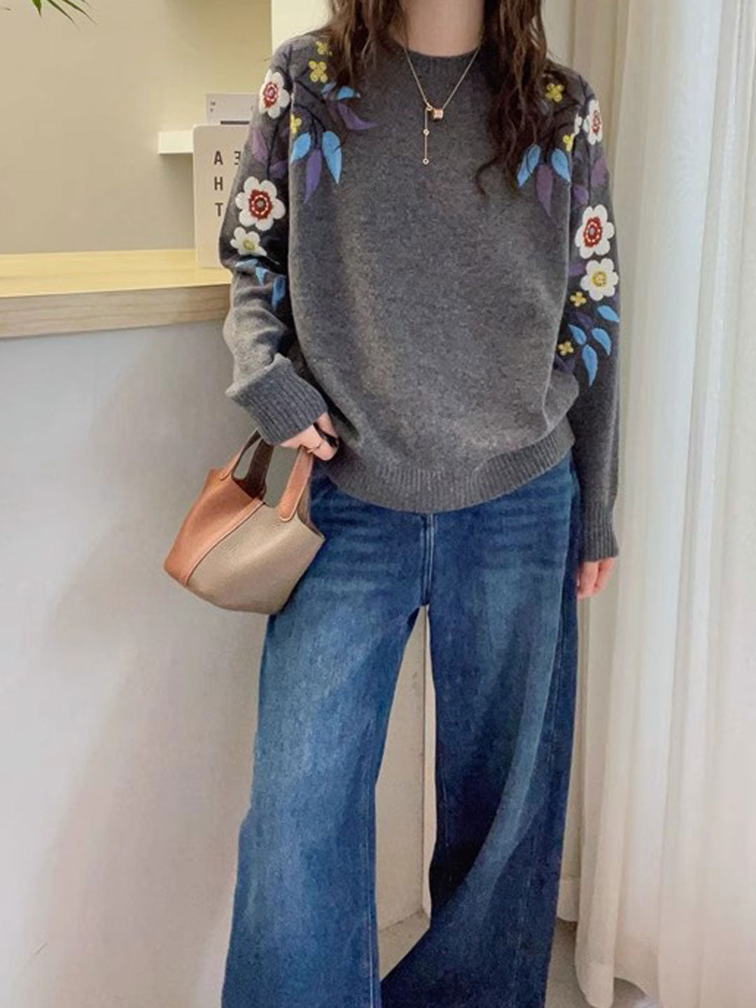 Andrea Casual Crew Neck Flower Embroidered Knitted Sweater