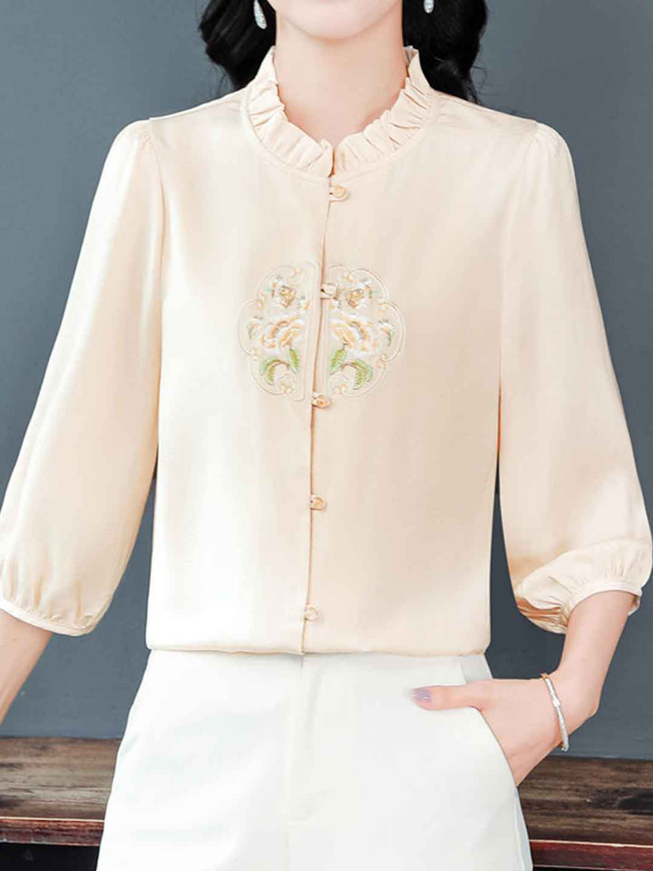 Mariah Loose Crew Neck Lantern Sleeve Auricular Embroidered Top-Purple