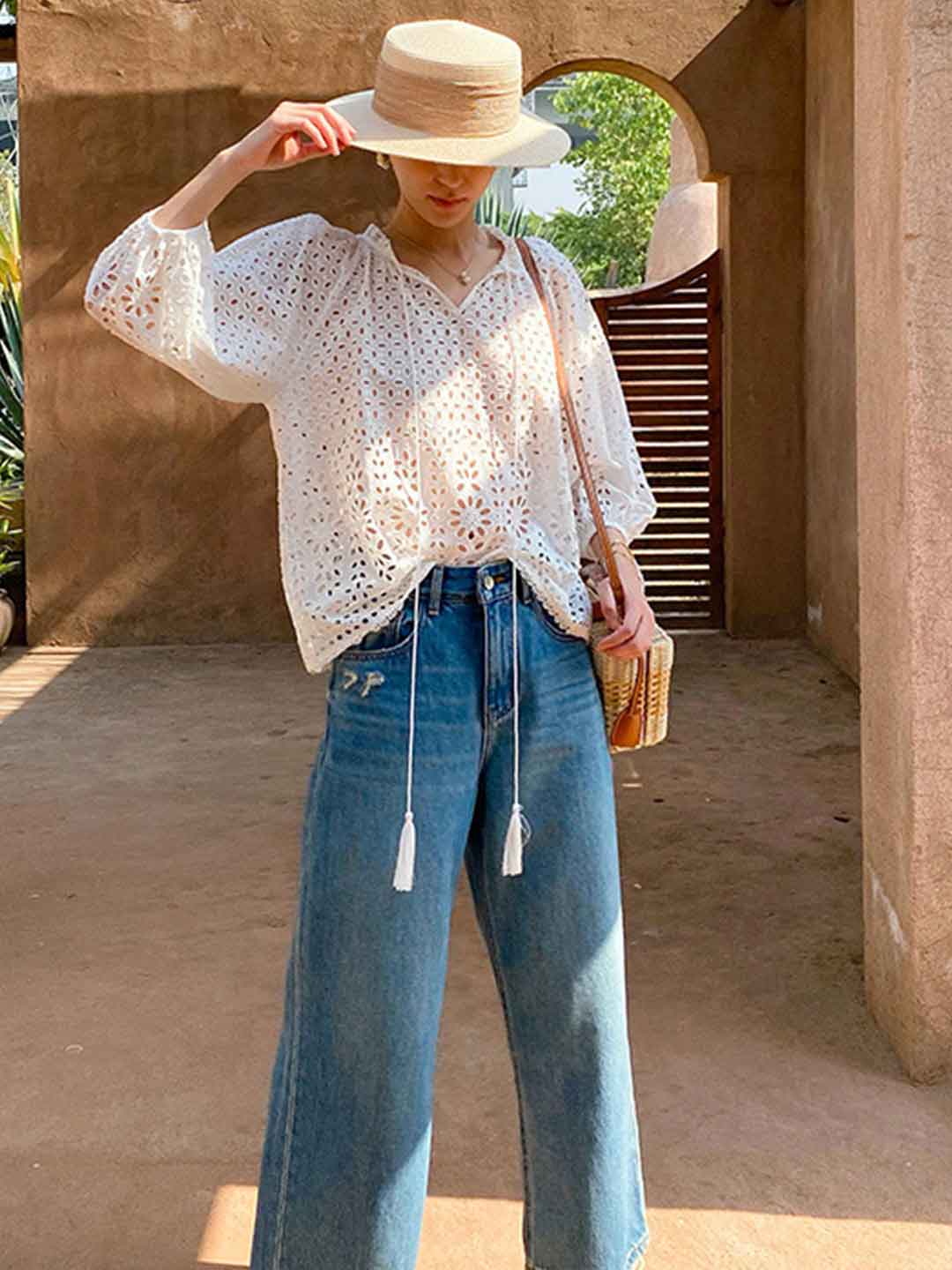 Claire Vacation V-Neck Embroidered Tie Top