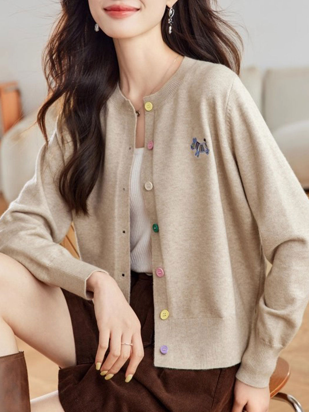 Camila Loose Embroidered Colorful Buttons Knitted Cardigan