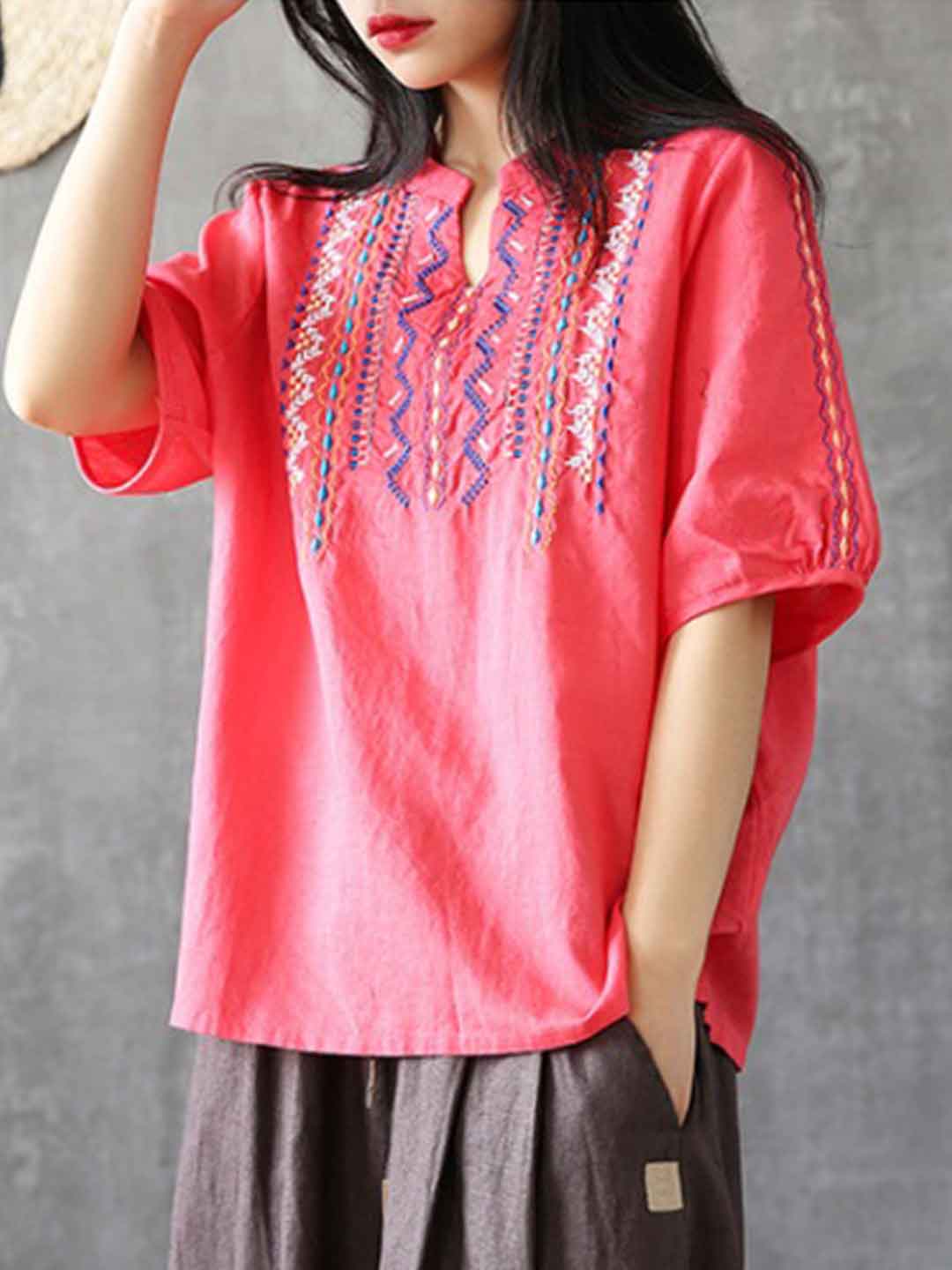 Sophia Loose V-Neck Embroidered Top