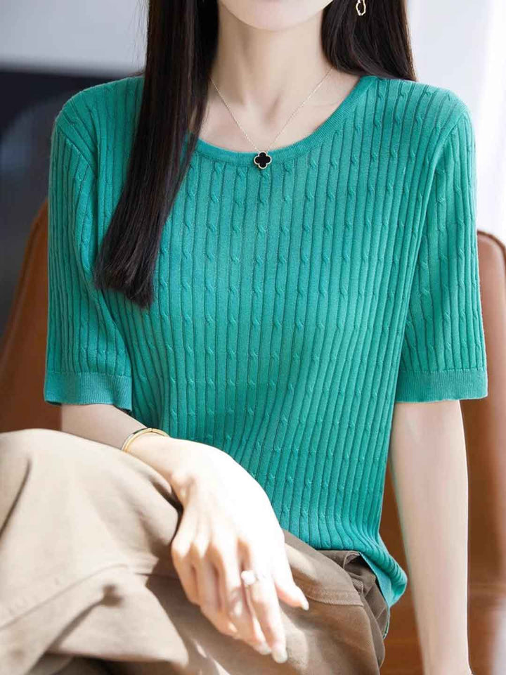 Sophie Loose Crew Neck Solid Color Cable Knitted Top
