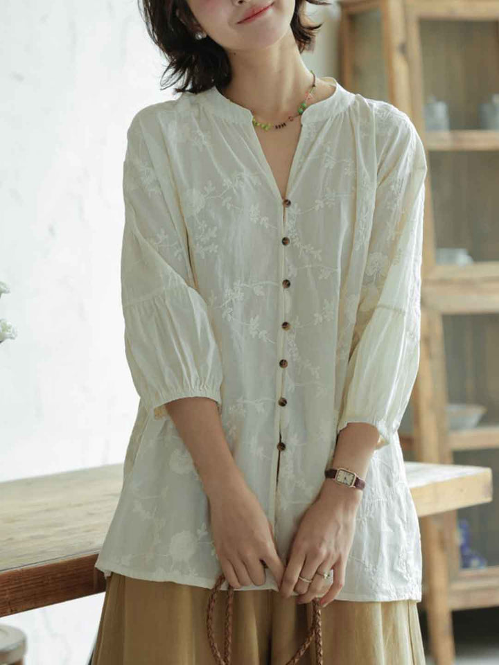 Camila Loose V-Neck Embroidered Top