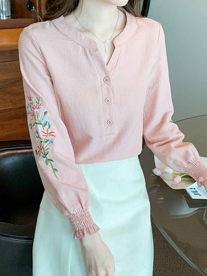 Abigail Classic V-Neck Lantern Sleeve Embroidered Top