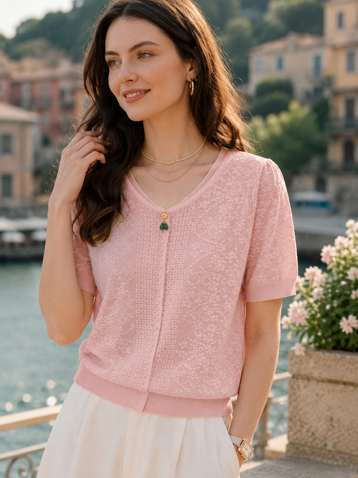 Gianna Casual V-Neck Puff Sleeve Embroidered Knitted Top