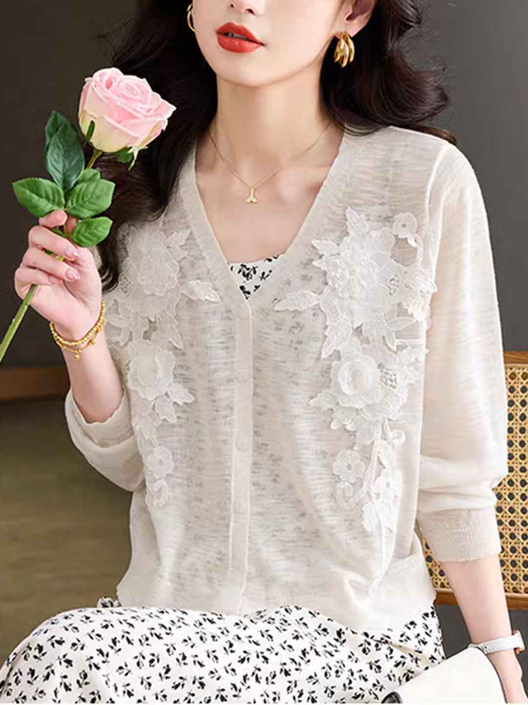 Zoe Elegant V-Neck Hollowed Embroidered Knitted Cardigan-White