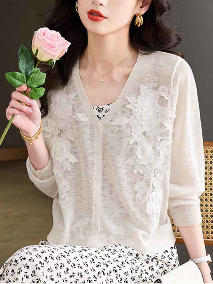 Zoe Elegant V-Neck Hollowed Embroidered Knitted Cardigan-White