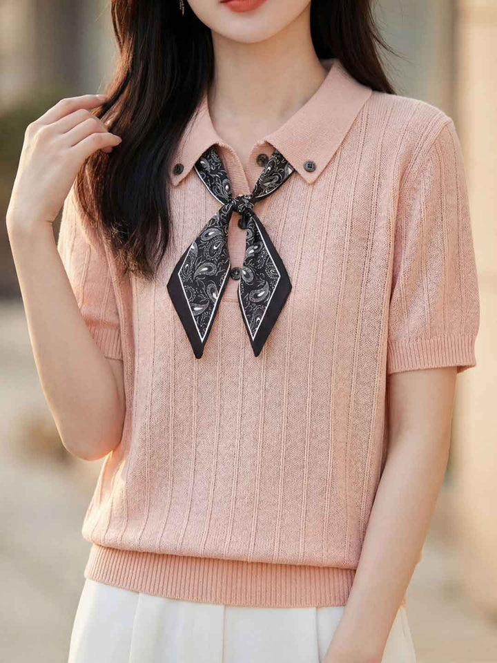 Mia Daily Lapel Solid Color Bow Knitted Top