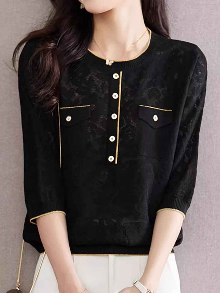 Riley Loose Crew Neck Hollowed Solid Color Knitted Top