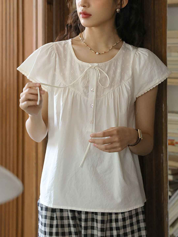 Rachel Retro Crew Neck Bow Tie Embroidered Shirt