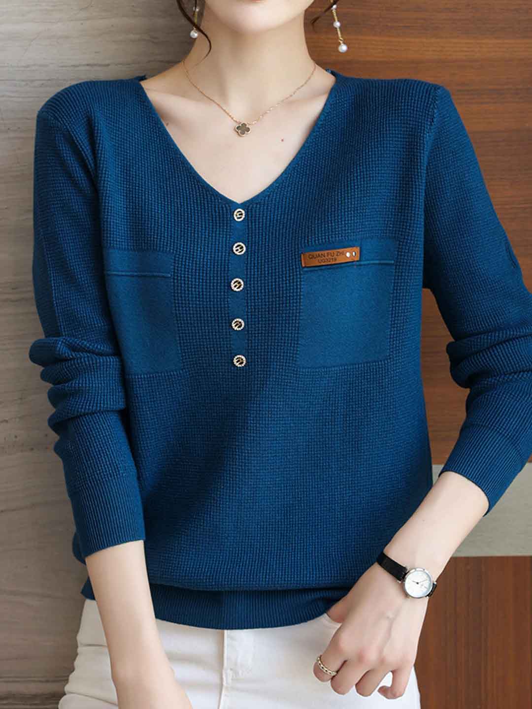 Zoey Loose V-Neck Buttons Pullover Knitted Sweater