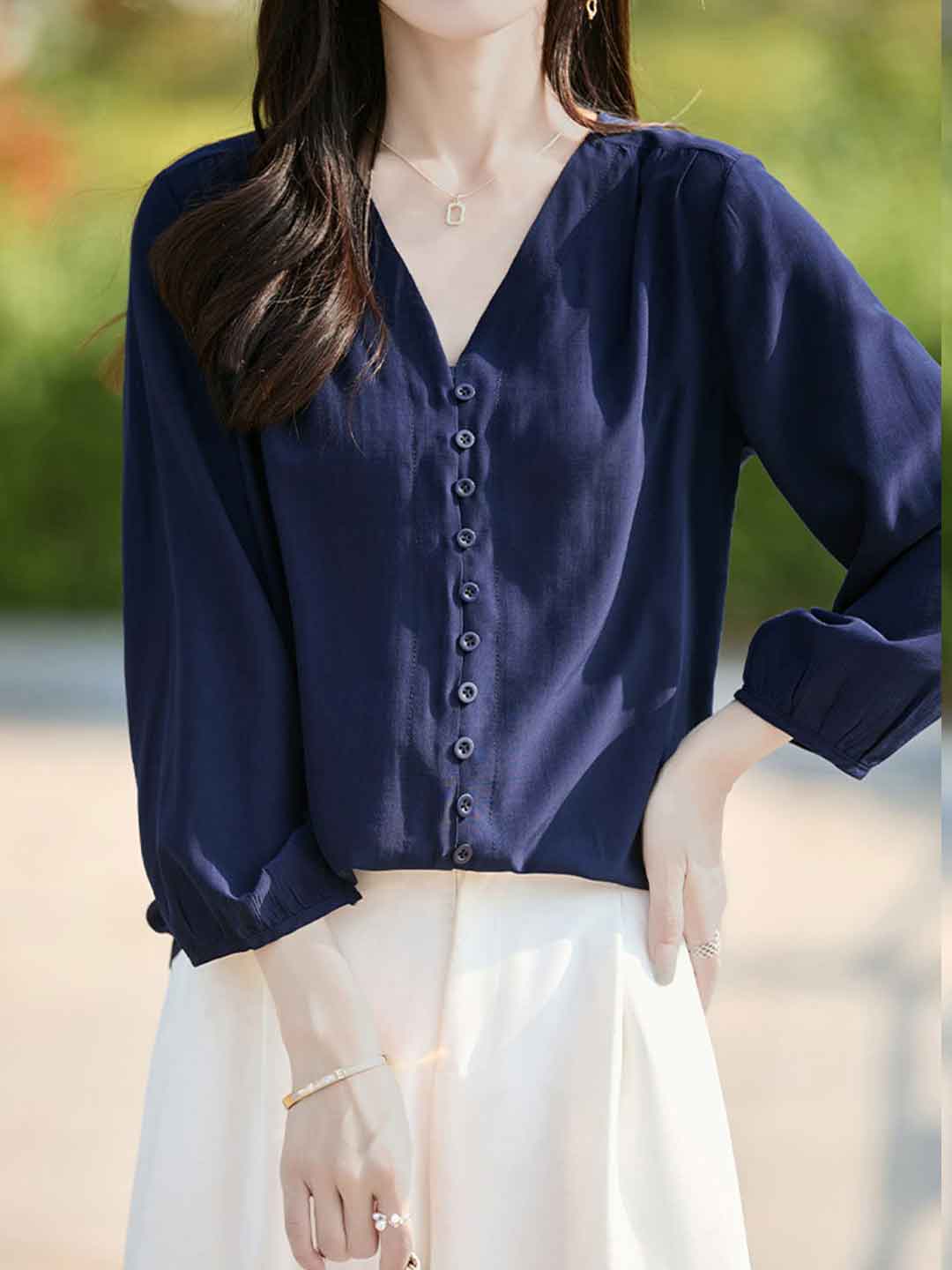 Bailey Classic V-Neck Solid Color Chiffon Shirt