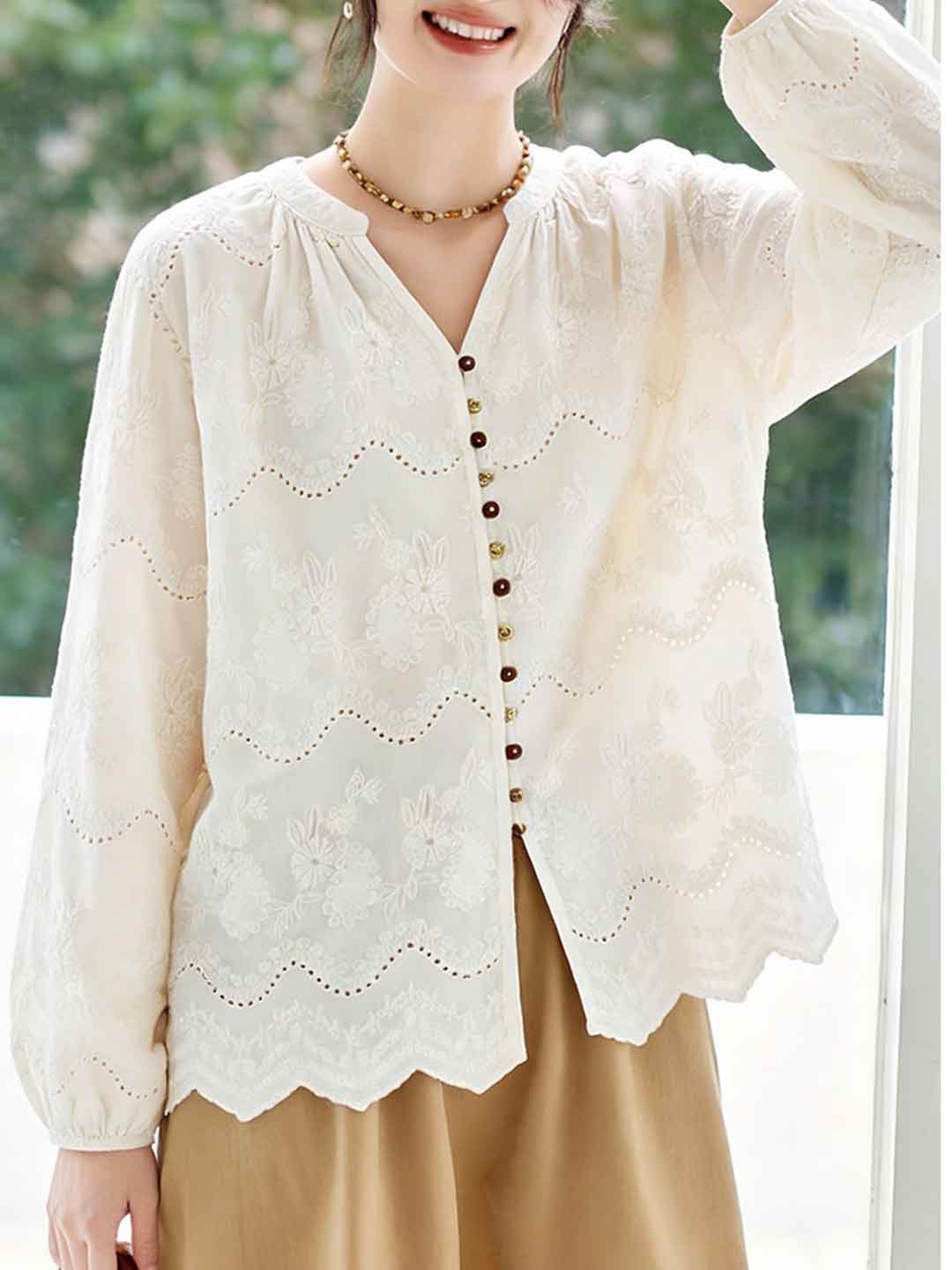 Ava Loose V-Neck Embroidered Top