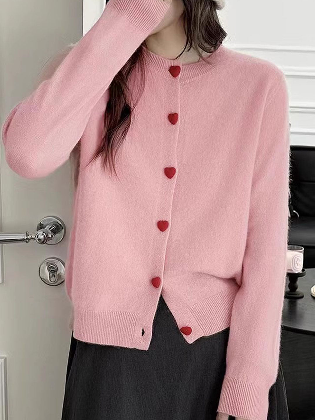 Raya Elegant Crew Neck Heart Button Knitted Cardigan