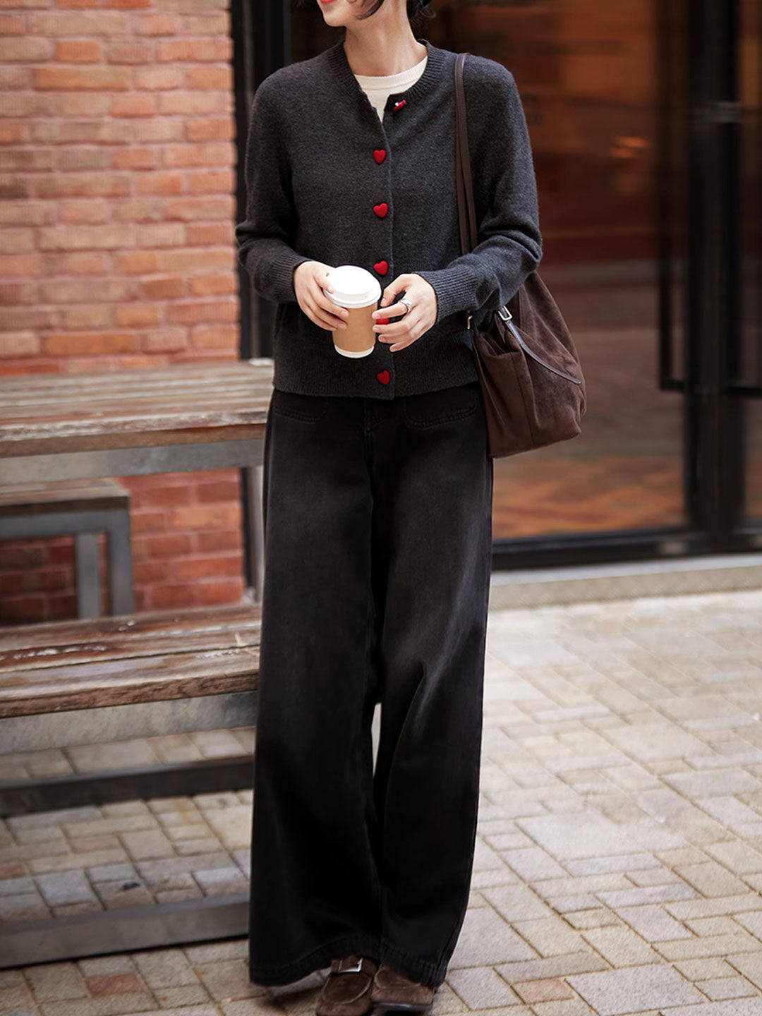 Raya Elegant Crew Neck Heart Button Knitted Cardigan-Pink
