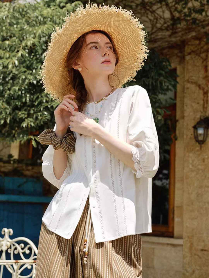 Riley Classic Crew Neck Lantern Sleeve Hollowed Lace Top