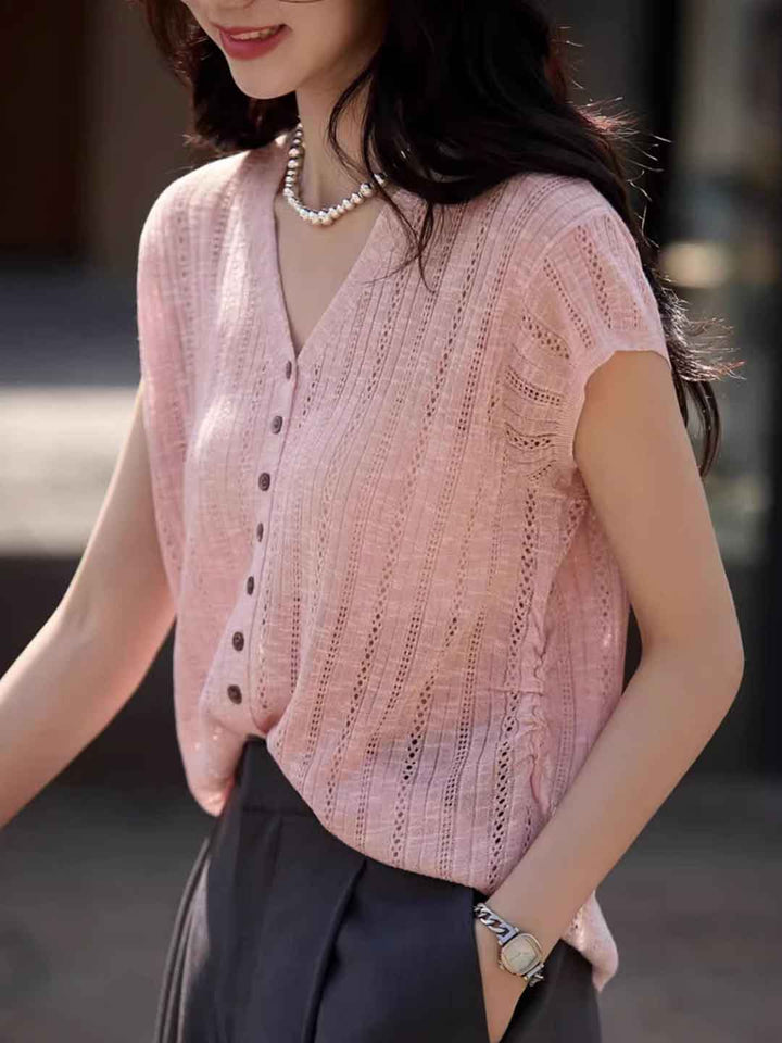 Rachel Classic V-Neck Solid Color Hollowed Knitted Top