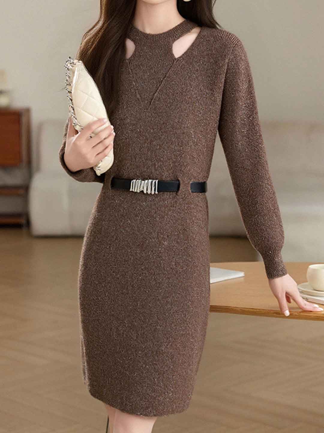Sarah Elegant Crew Neck Hollowed Knitted Dress