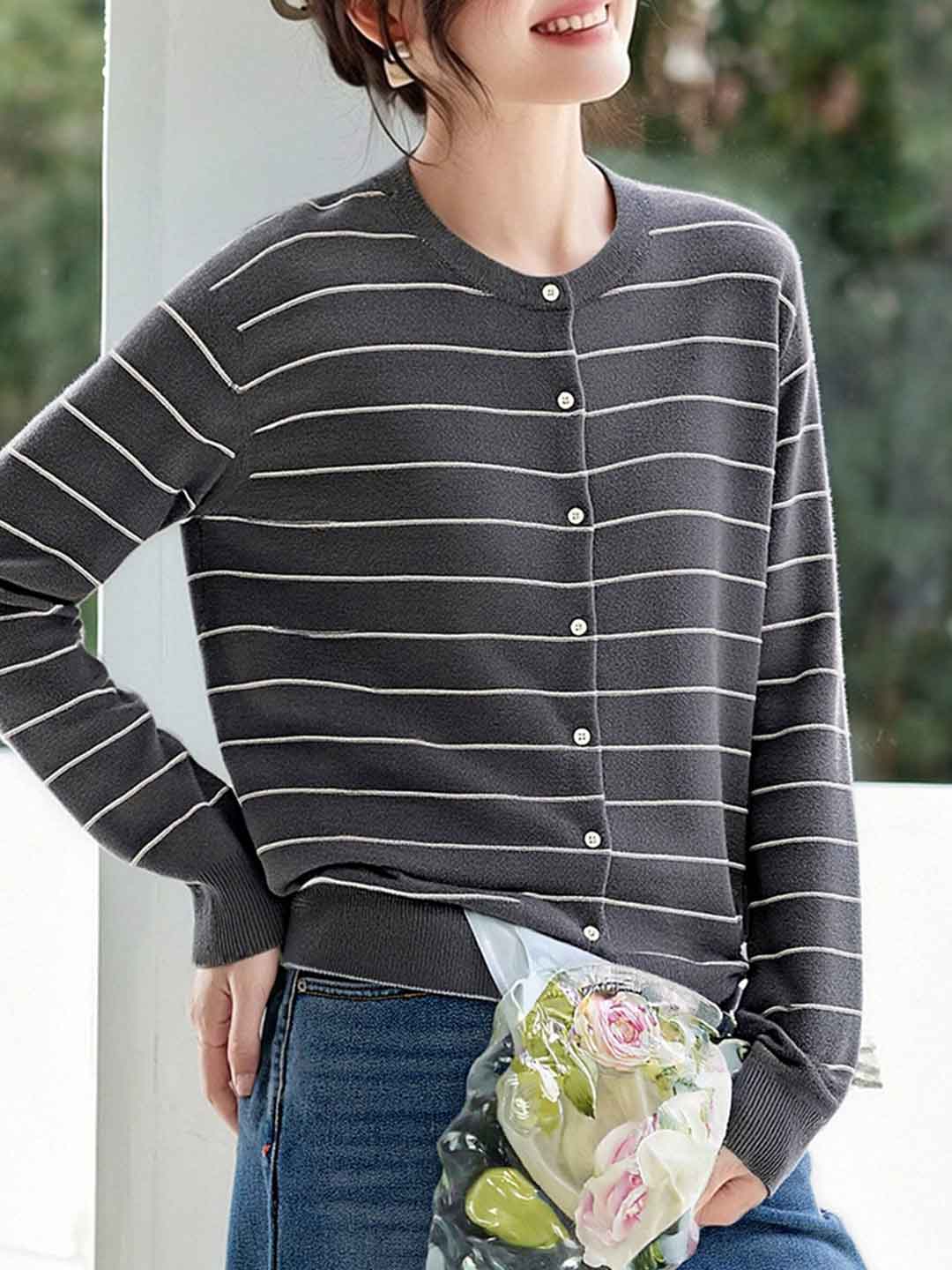Abigail Classic Crew Neck Striped Knitted Cardigan