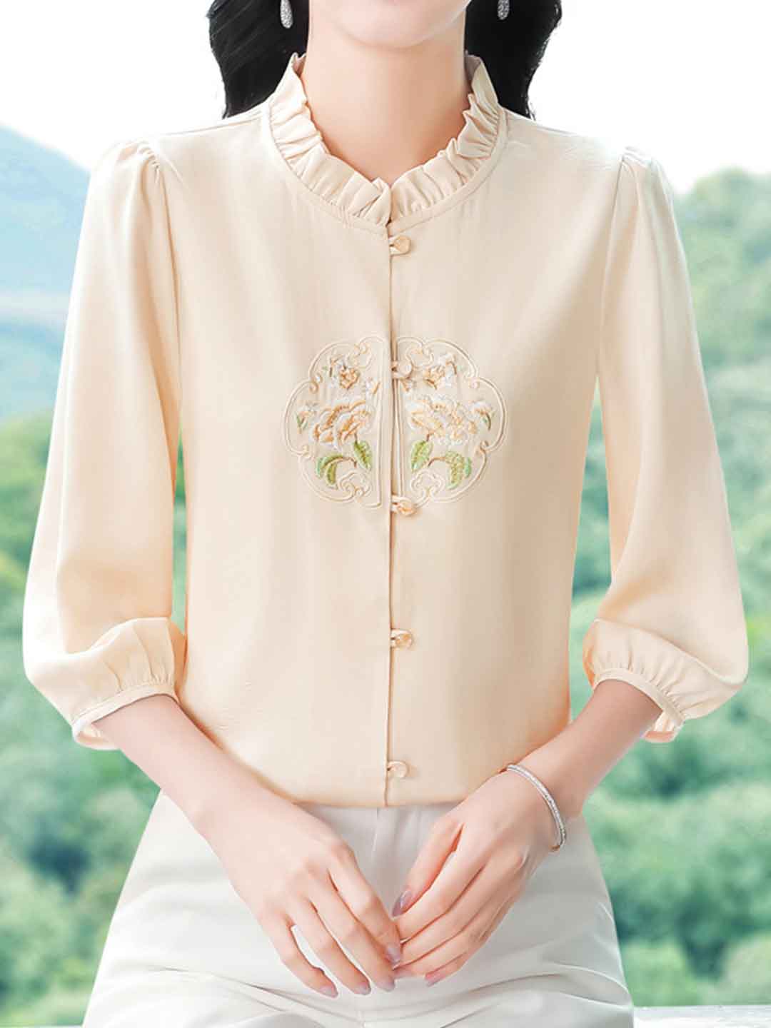 Mariah Loose Crew Neck Lantern Sleeve Auricular Embroidered Top-Purple
