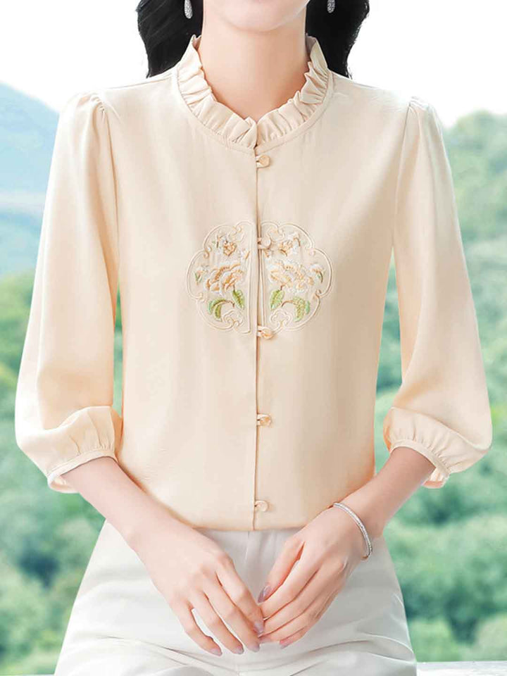 Mariah Loose Crew Neck Lantern Sleeve Auricular Embroidered Top-Purple