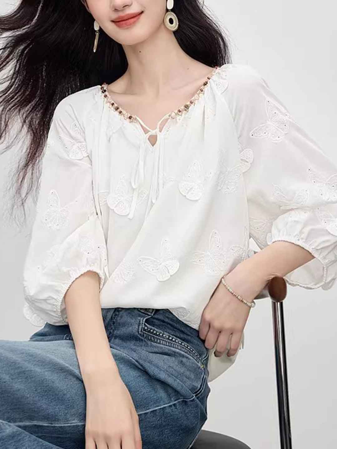 Olivia Retro Crew Neck Butterfly Embroidered Blouse
