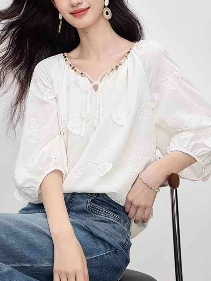 Olivia Retro Crew Neck Butterfly Embroidered Blouse
