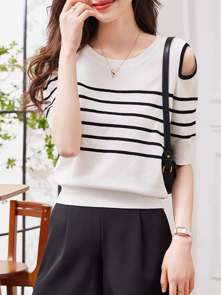 Lauren Casual Off-The-Shoulder Striped Knitted Top