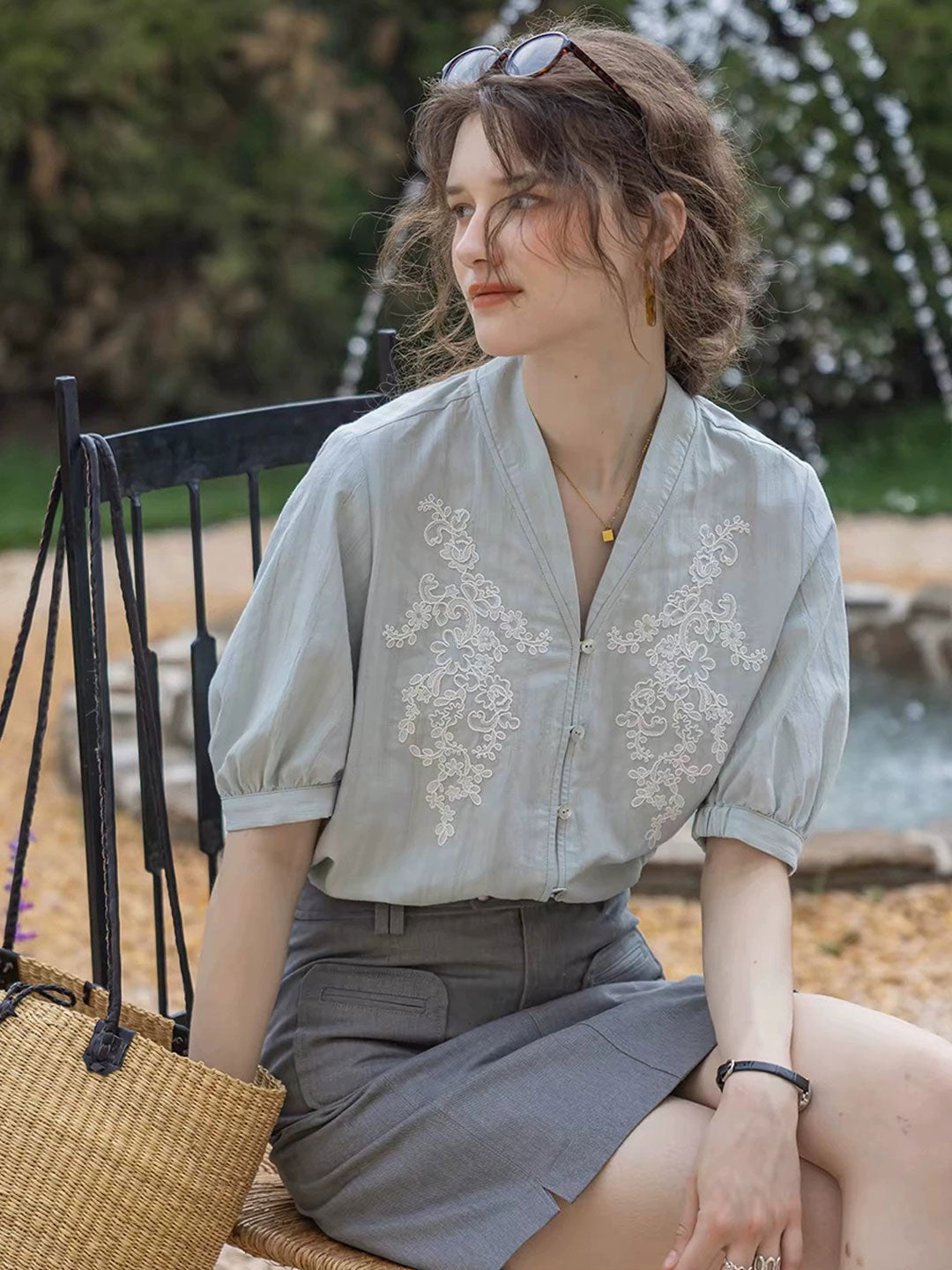 Sofia Daily V-Neck Solid Color Textured Blouse