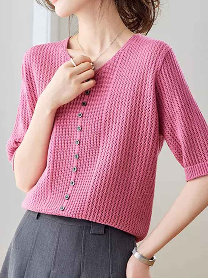 Emma Casual V-Neck Hollowed Knitted Top