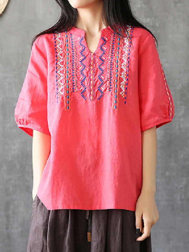 Sophia Loose V-Neck Embroidered Top
