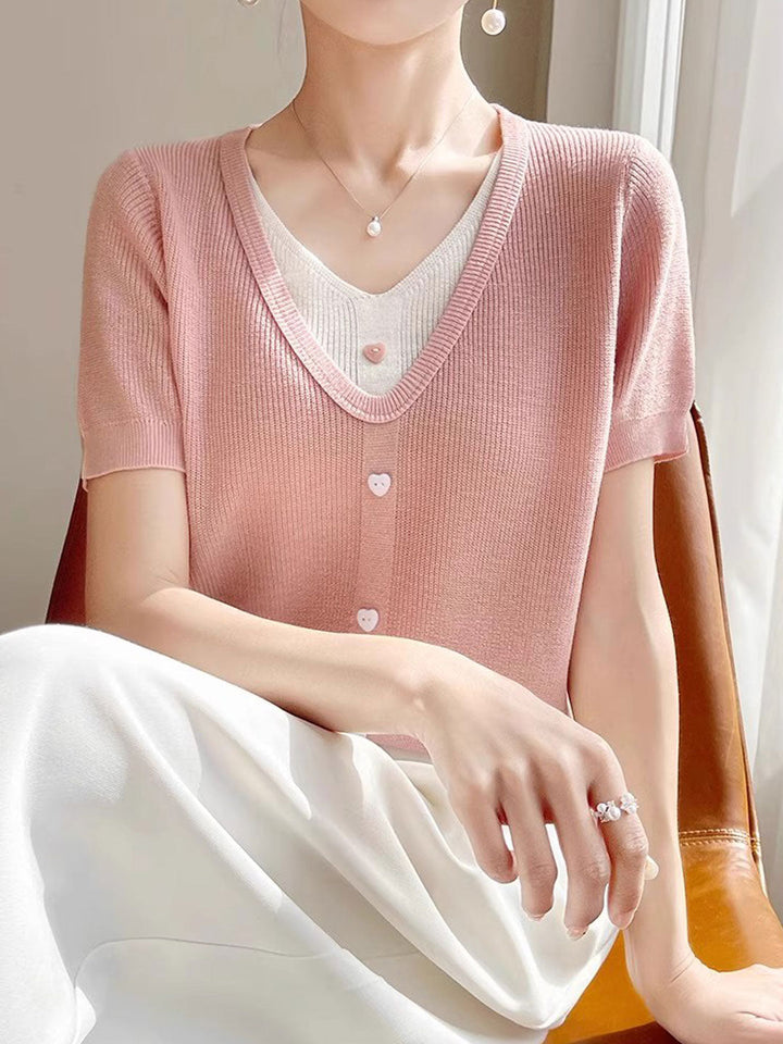 Angelina Casual V-neck Patchwork Knitted Top