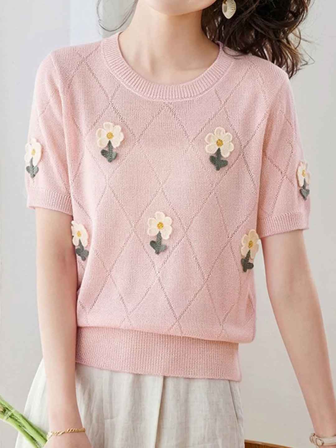 Emily Classic Crew Neck Hollowed Embroidered Knitted Top