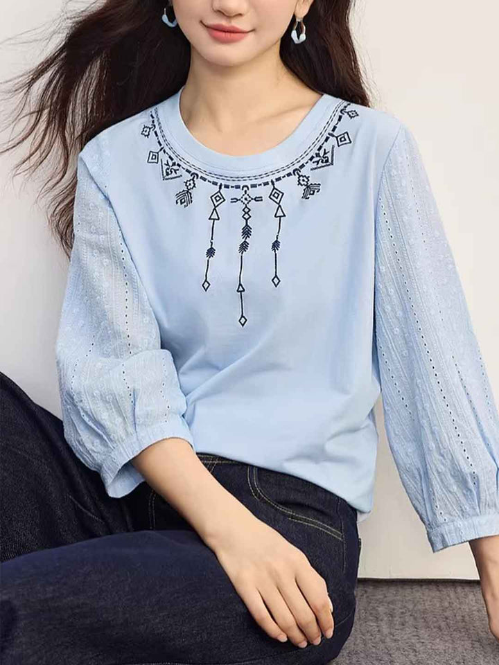 Isabella Loose Crew Neck Embroidered Top
