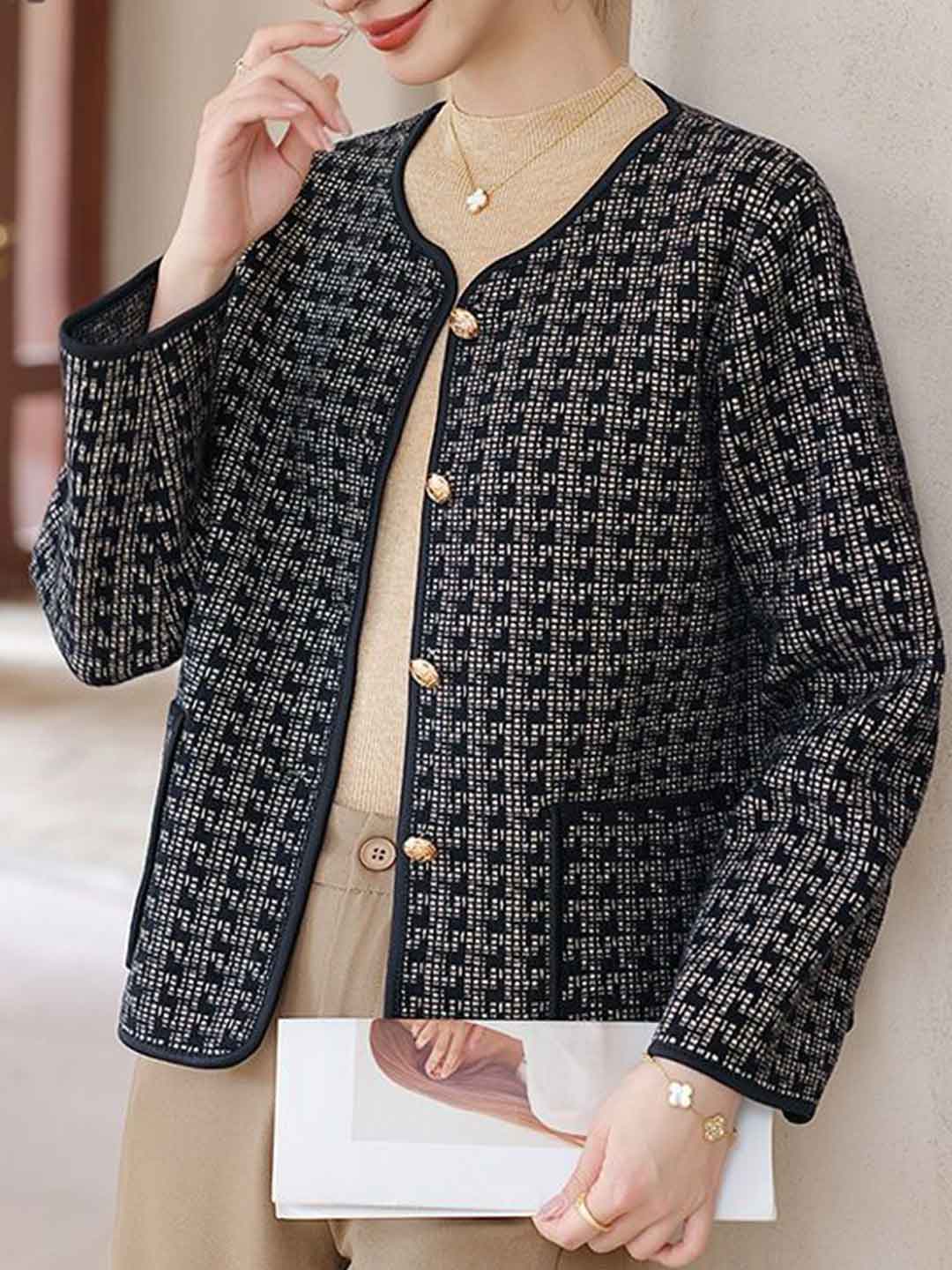 Hannah Elegant Crew Neck Tweed Cardigan
