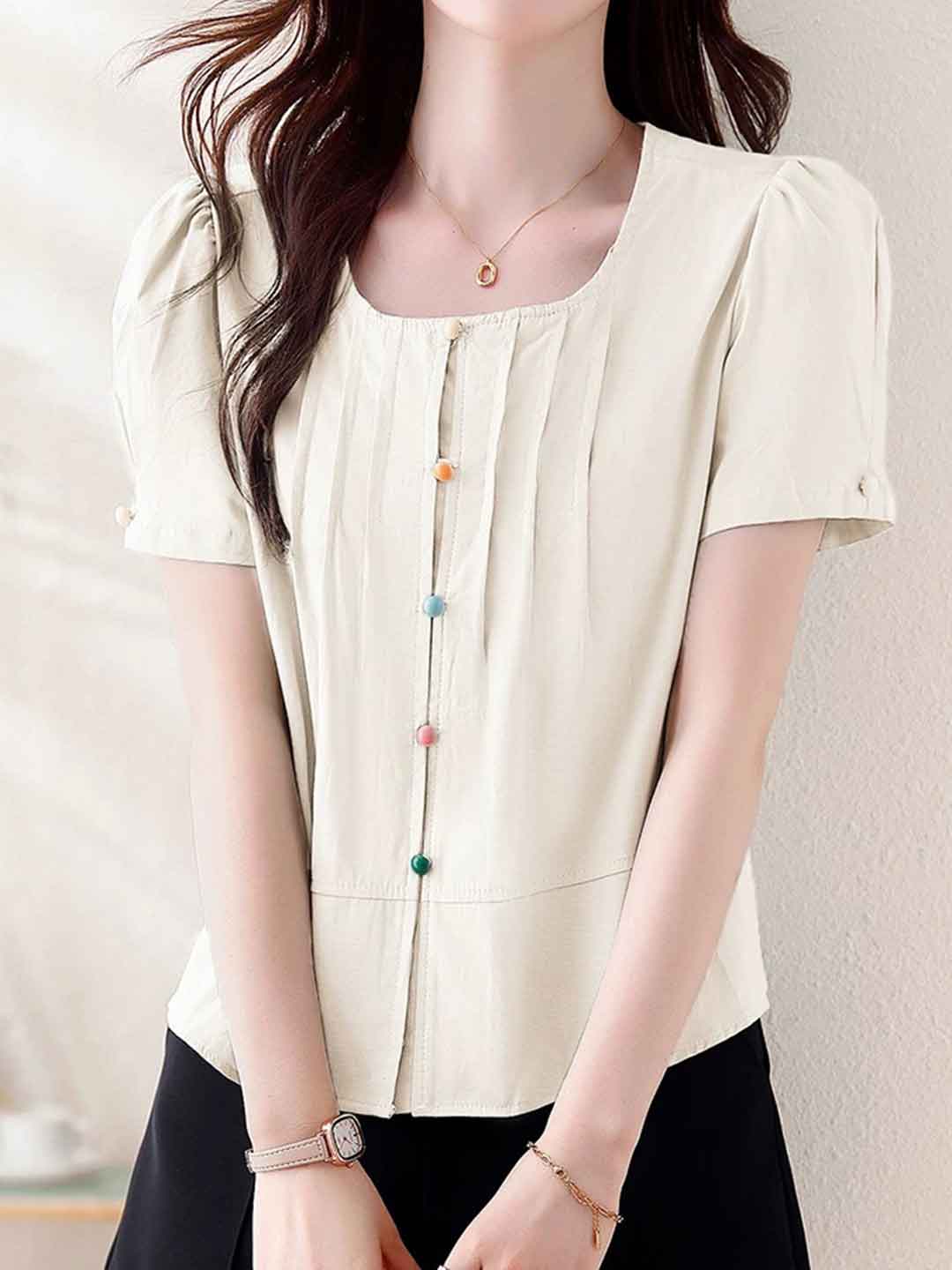 Hannah Retro Crew Neck Puff Sleeve Buttons Top