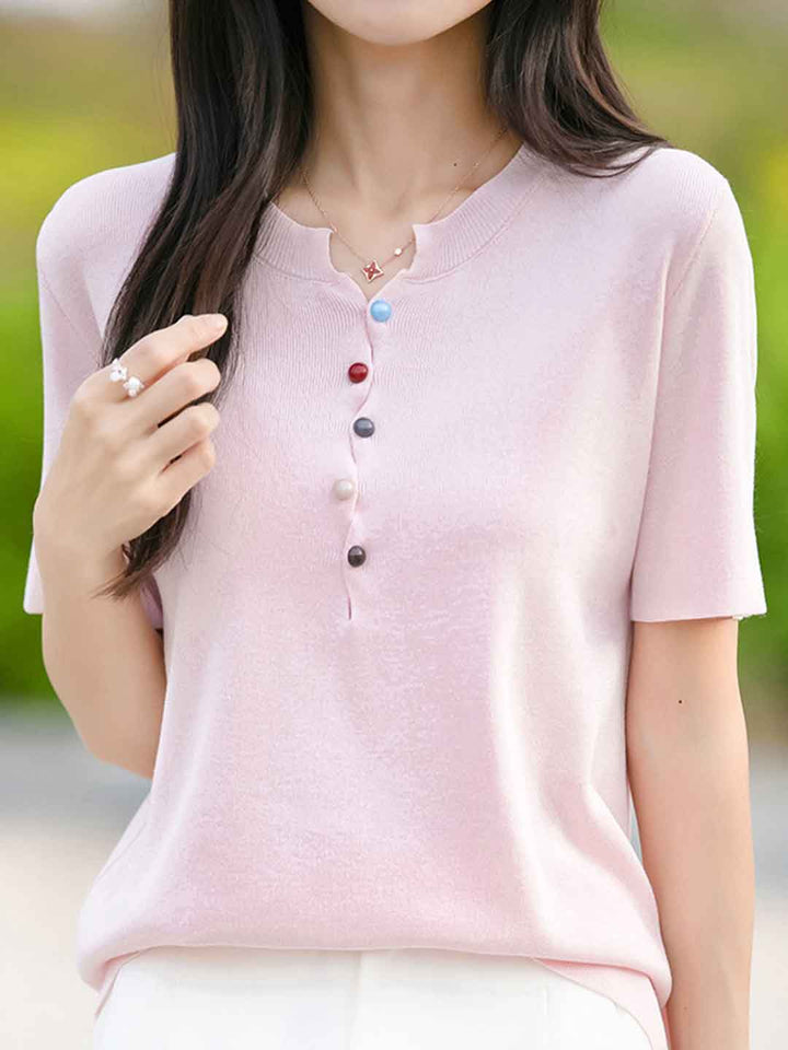 Khloe Classic Crew Neck Colorful Buttons Knitted Top-Pink