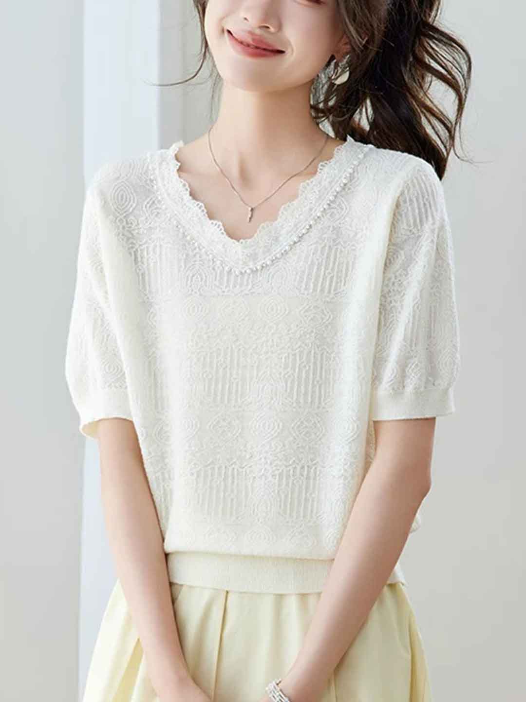 Abigail Classic V-Neck Lace Jacquard Knitted Top