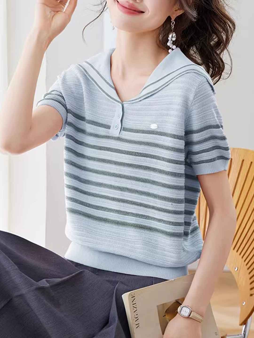 Zoey Daily Crew Neck Striped Knitted Top