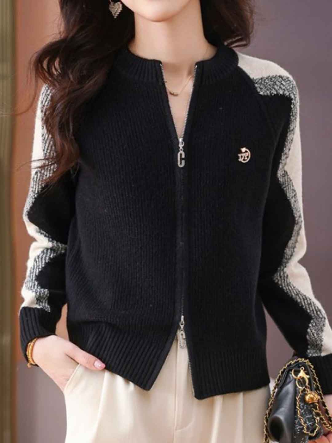 Paige Loose Crew Neck Colorblock Knitted Cardigan-Red